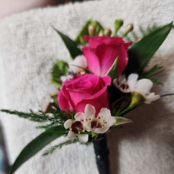 Pink rose boutonniere with white accent flowers and dark ribbon