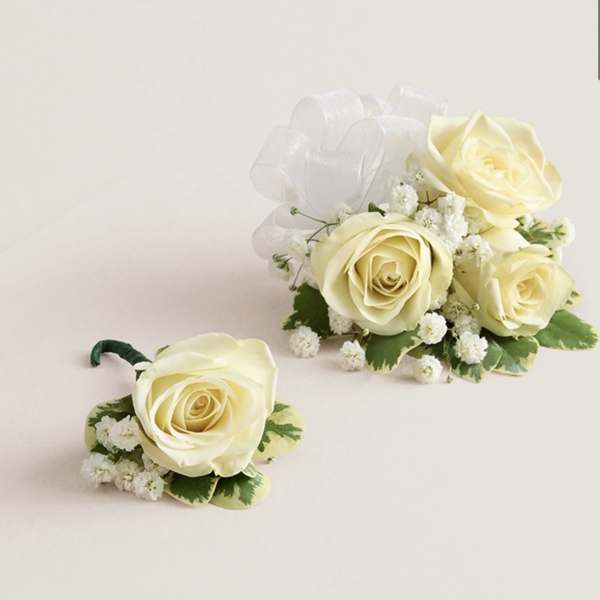 Corsage and Boutonniere Set (White Bow)