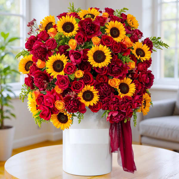 Large bouquet of red roses and yellow sunflowers in a white vase