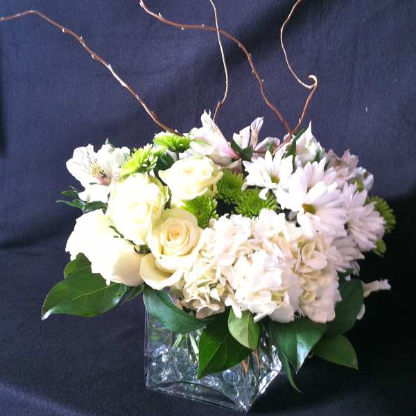 White floral arrangement in a square glass vase with curly branches