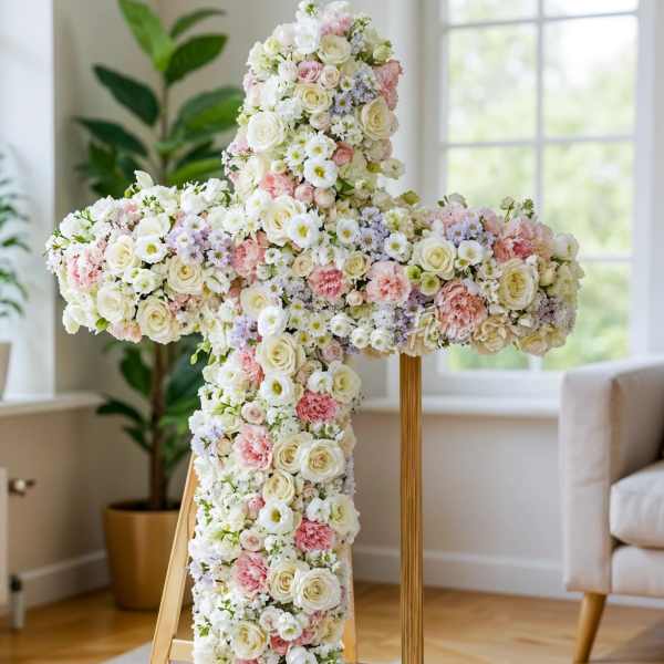 Large floral cross covered in white and pink blooms on a stand