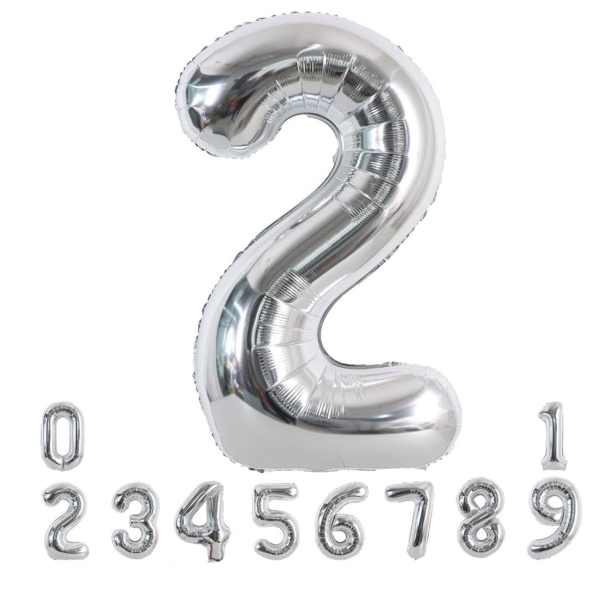 Silver foil number balloons, with a large 2 and smaller digits below