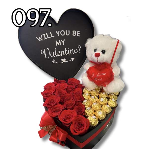 Heart-shaped gift box with red roses, chocolates, and a teddy bear