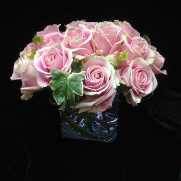 Low arrangement of pink roses with ivy accents in a clear glass cube vase