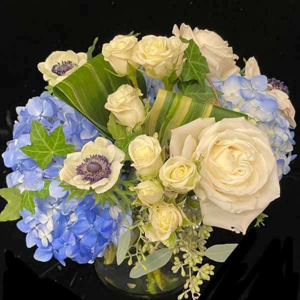 Low glass vase of white roses and blue hydrangeas with white anemones against a black background.