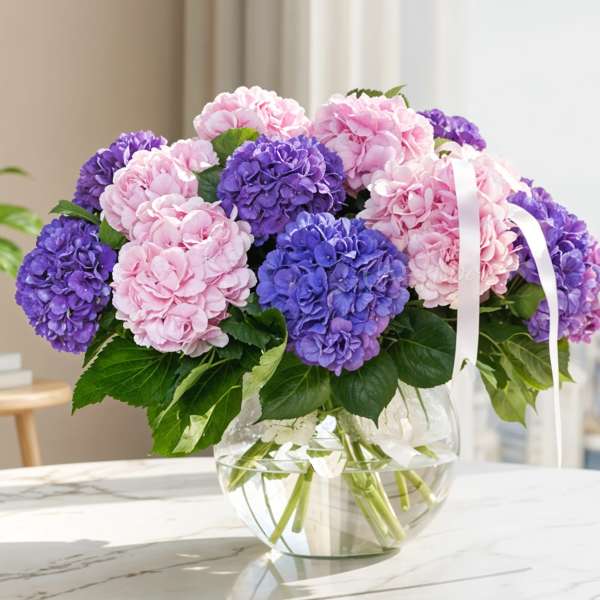 Pink and purple hydrangeas arranged in a clear glass vase with a white ribbon.