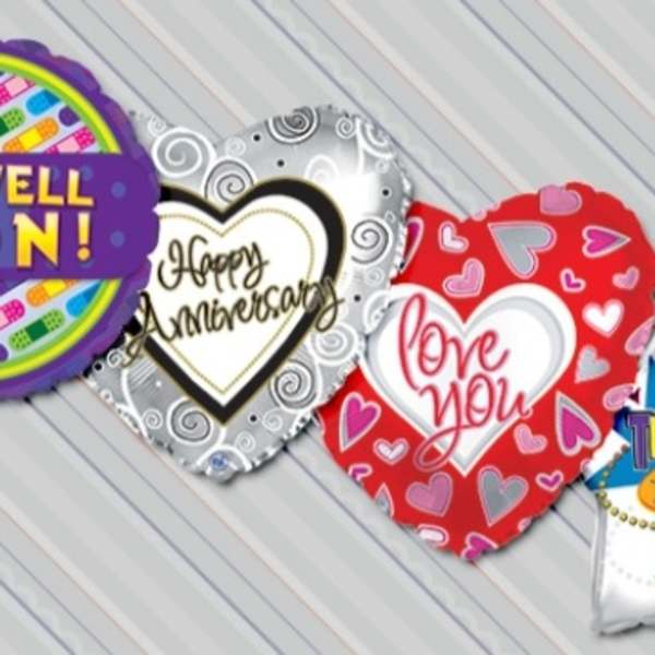 Assorted foil balloons with birthday, get well, anniversary, love, and thank you messages