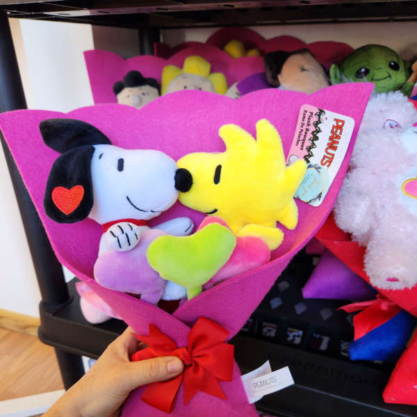 Snoopy and Woodstock plush bouquet wrapped in bright pink paper with a red bow