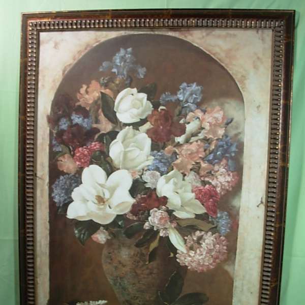 Framed floral still life with white and pastel flowers in a vase