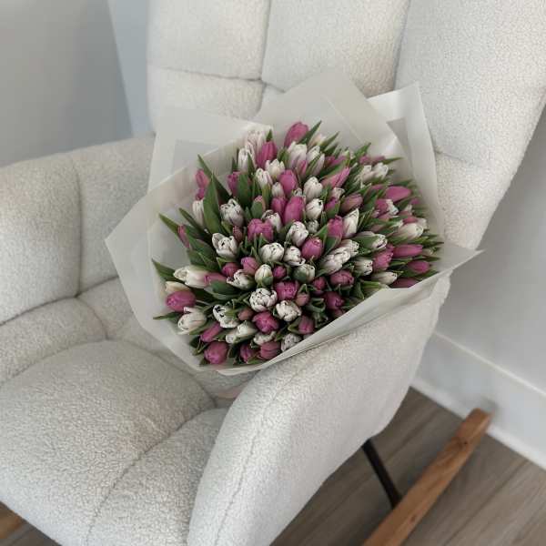 Bouquet of pink and white tulips wrapped in white paper