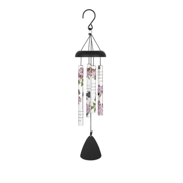 Black metal wind chime with floral printed tubes and a clapper