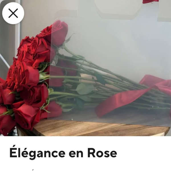 Bouquet of red roses wrapped in clear plastic with a red ribbon