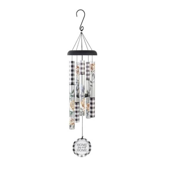 Hanging metal wind chime with plaid tubes and a round "Home Sweet Home" tag