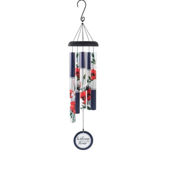 Hanging wind chime with floral-patterned tubes and a "Welcome to Our Home" tag