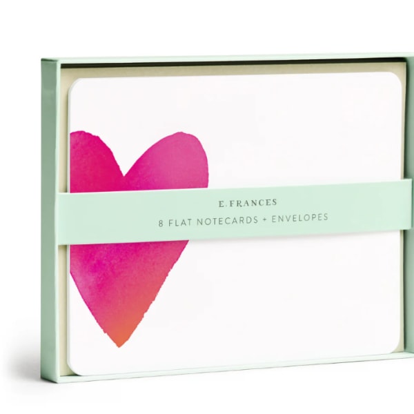 Boxed set of flat notecards and envelopes with a pink heart design