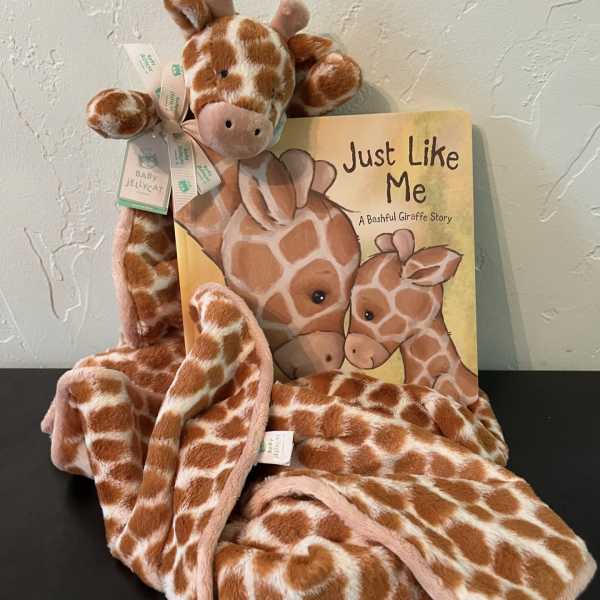 Plush giraffe blanket with a children's book
