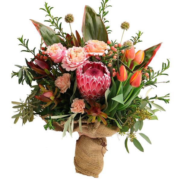 Protea and more Handtied Bouquet in Vase with Burlap .