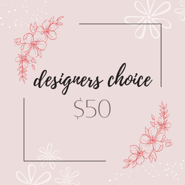 Pink designer's choice gift card with floral line art and $50 text