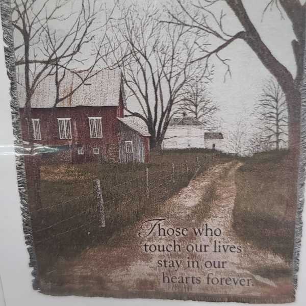 Memorial blanket with a farmhouse scene and remembrance text