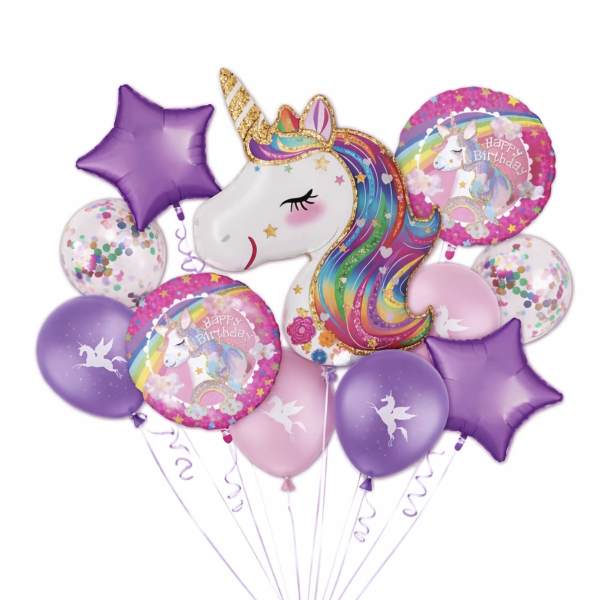 Cluster of unicorn-themed birthday balloons in purple, pink, and rainbow colors