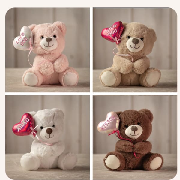 Four plush teddy bears holding heart balloons with love messages