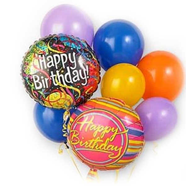 Cluster of colorful birthday balloons with two "Happy Birthday" foil balloons