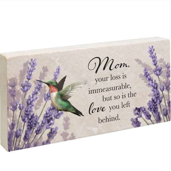 Sympathy plaque with a hummingbird and lavender flowers