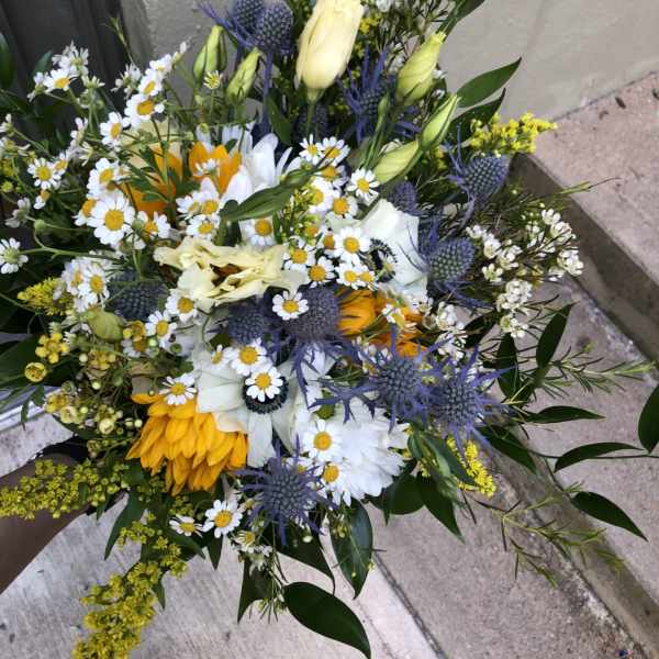 Mixed bouquet with white daisies, yellow blooms, and blue thistle-like flowers