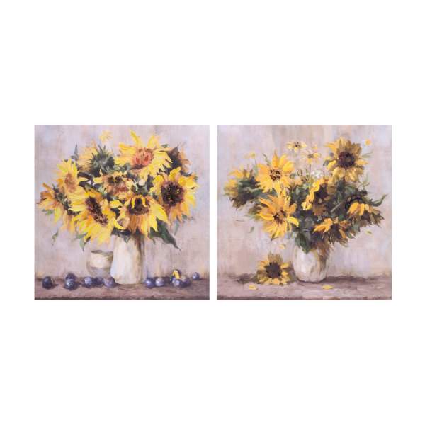 Two paintings of sunflower bouquets in white vases