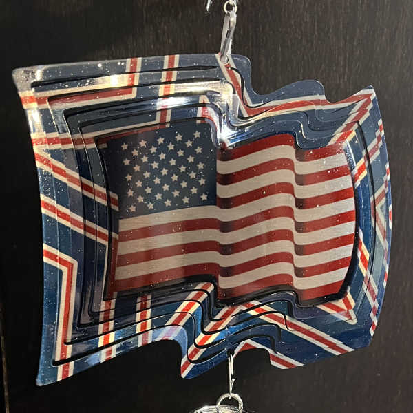 Patriotic hanging ornament with layered American flag panels and crystal beads