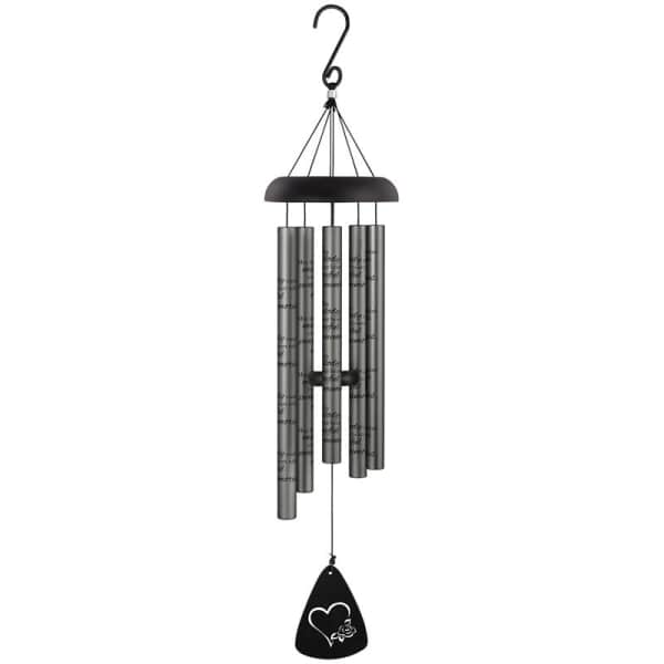 Black metal wind chime with silver tubes and a heart-shaped pendant