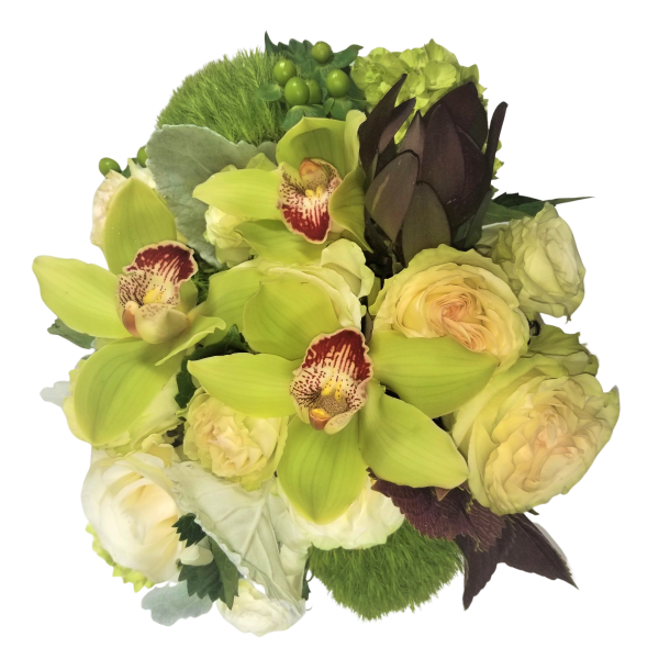Green Cymbidiums, Hydrangea and Garden roses