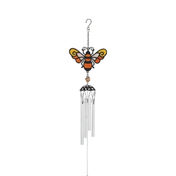 Bee-themed metal wind chime with silver tubes and a hanging faceted crystal prism