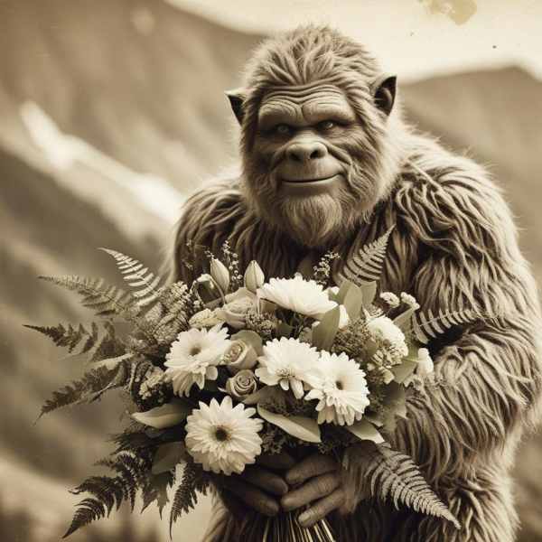 A furry creature holds a bouquet of white flowers