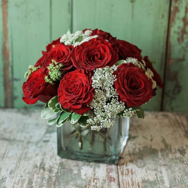 Red roses arranged in a square glass vase