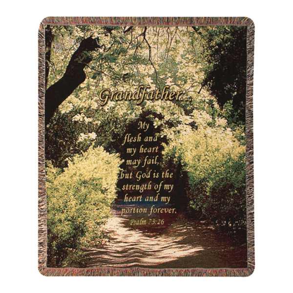 Fringed throw blanket with a forest scene and memorial text for grandfather