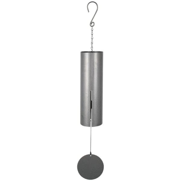 Silver hanging wind chime with a round black striker