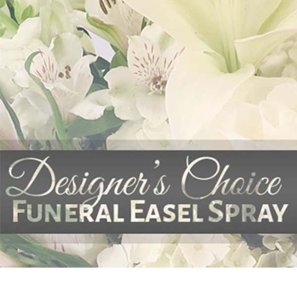 White funeral easel spray with lilies and alstroemeria