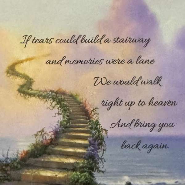 Memorial card with a staircase to heaven and a sympathy poem