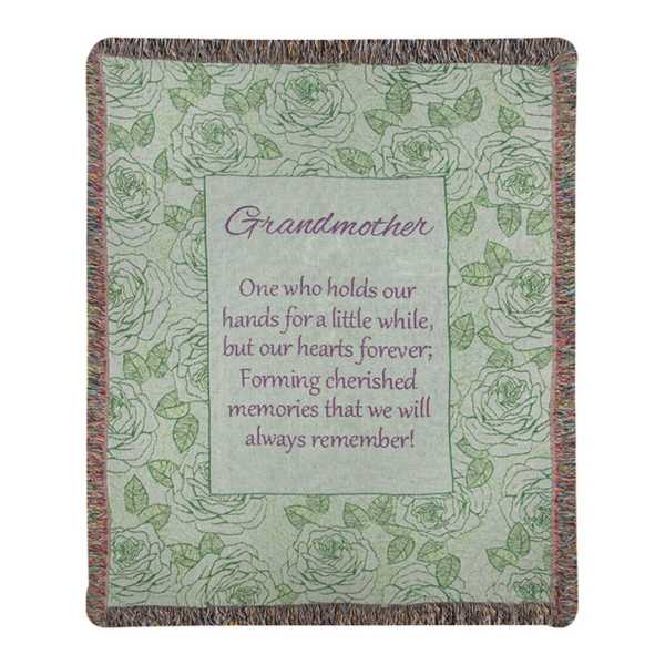 Floral-patterned blanket with the word Grandmother and a memorial quote