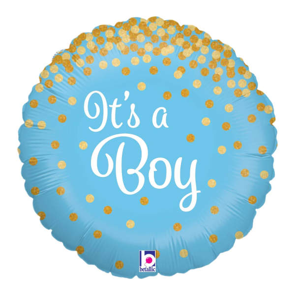 Blue foil balloon with gold dots and the words "It's a Boy"