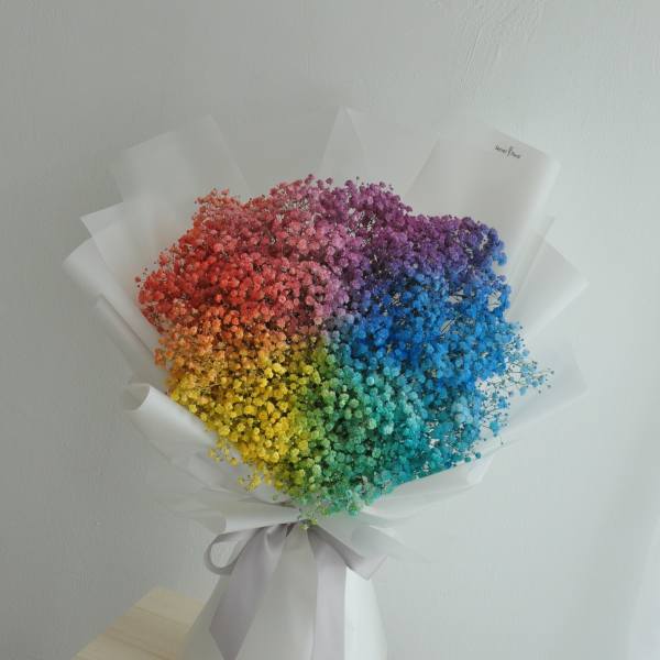 Rainbow bouquet of dyed baby's breath wrapped in white paper
