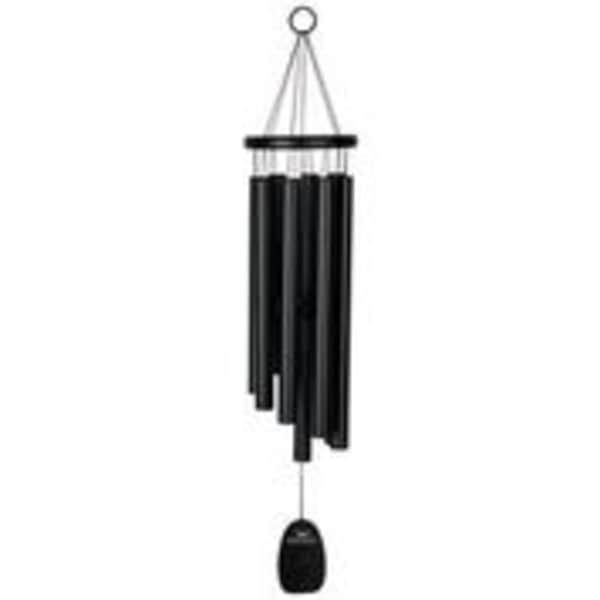 Black hanging wind chime with metal tubes and a clapper