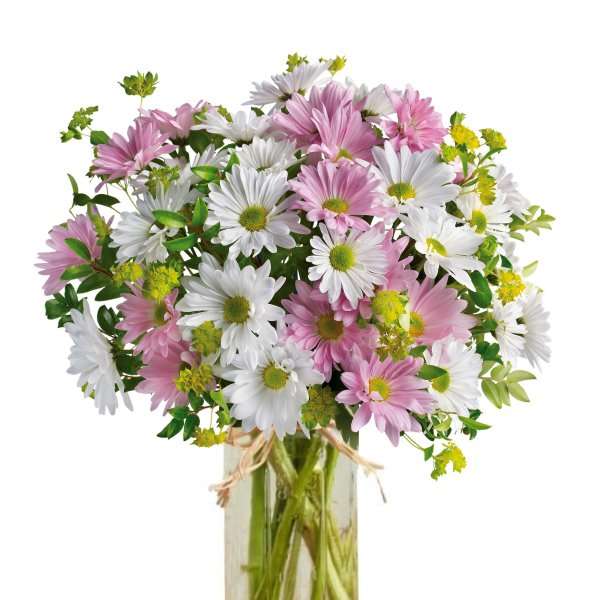 Pink and white daisy bouquet in a clear glass vase