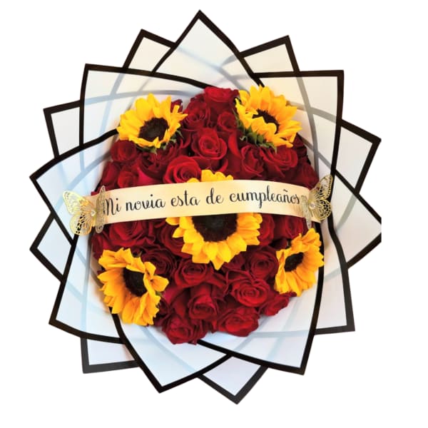Bouquet of red roses and yellow sunflowers with a ribbon banner