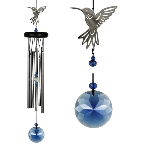 Hummingbird wind chime with blue crystal beads and metal tubes