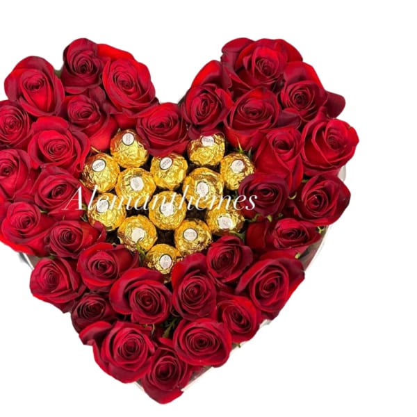 Heart-shaped arrangement of red roses with gold-wrapped chocolates in the center