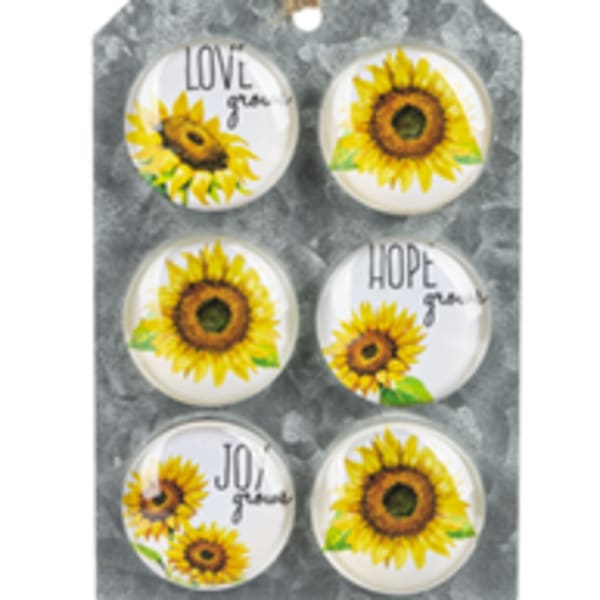 Sunflower-themed hanging plaque with six round inserts