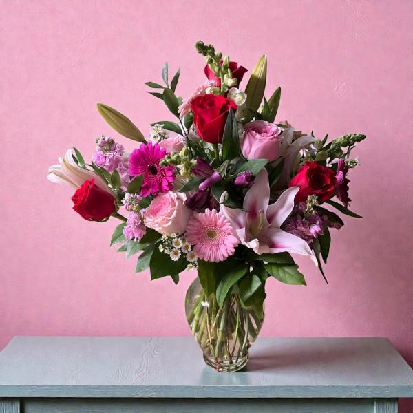 Mixed bouquet of red, pink, and white flowers in a clear glass vase