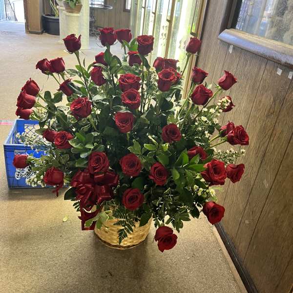 Basket arrangement of red roses with small white filler flowers